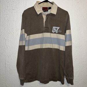 Y2K Lucky Brand Rugby Shirt Men's M Brown Blue Stripe Long Sleeve Polo Sport USA